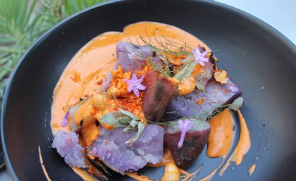 A delicious old man saltbush salad, with roasted sweet potato and ansie spicy tomato sauce (Credit: Three Little Birds). Close up of a plate containing Indigenous food coloured orange and purple